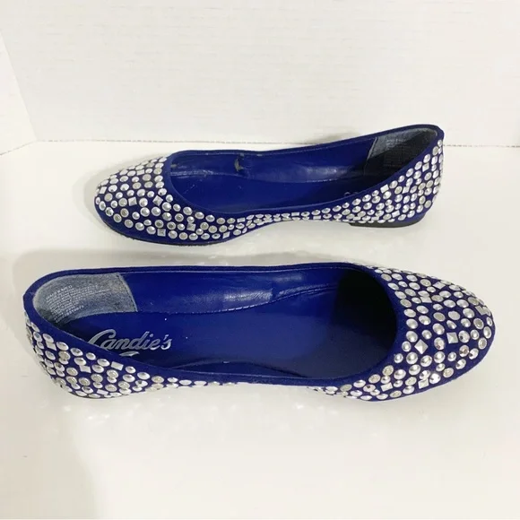 Candies Faux Suede Covered in Silver Toned Studs Rounded Toe Ballet Flats Royal - Picture 3 of 13